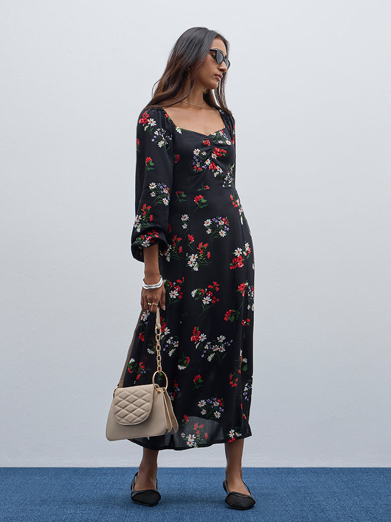 LOV Black Floral Printed A-Line Dress