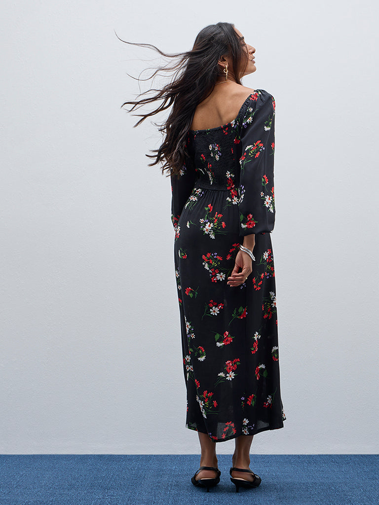 LOV Black Floral Printed A-Line Dress