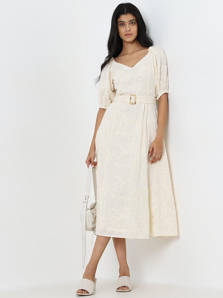 LOV Ivory Floral Embroidered A-Line Cotton Dress with Belt