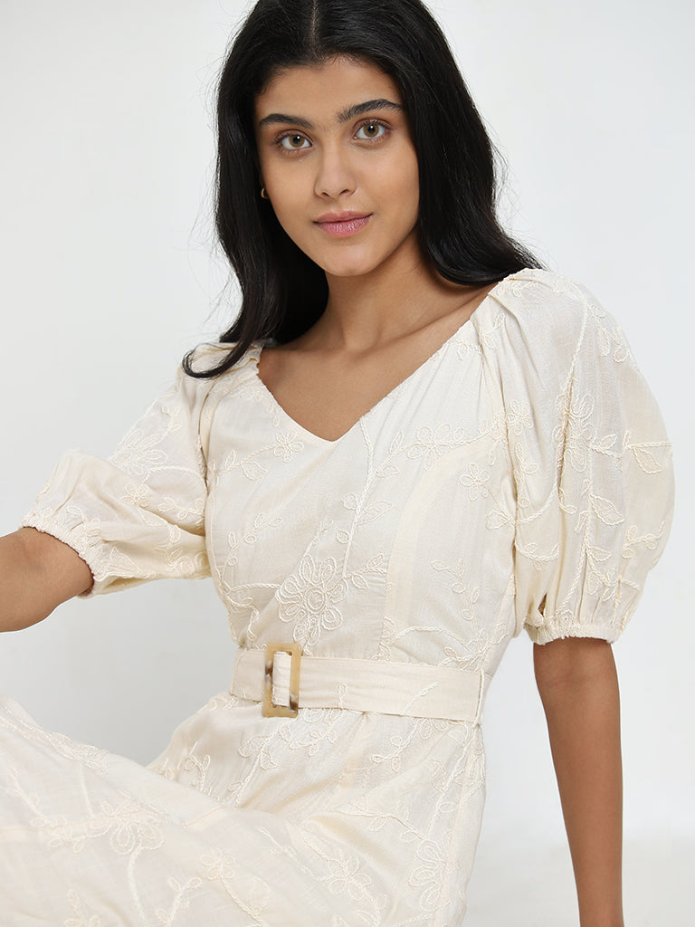 LOV Ivory Floral Embroidered A-Line Cotton Dress with Belt