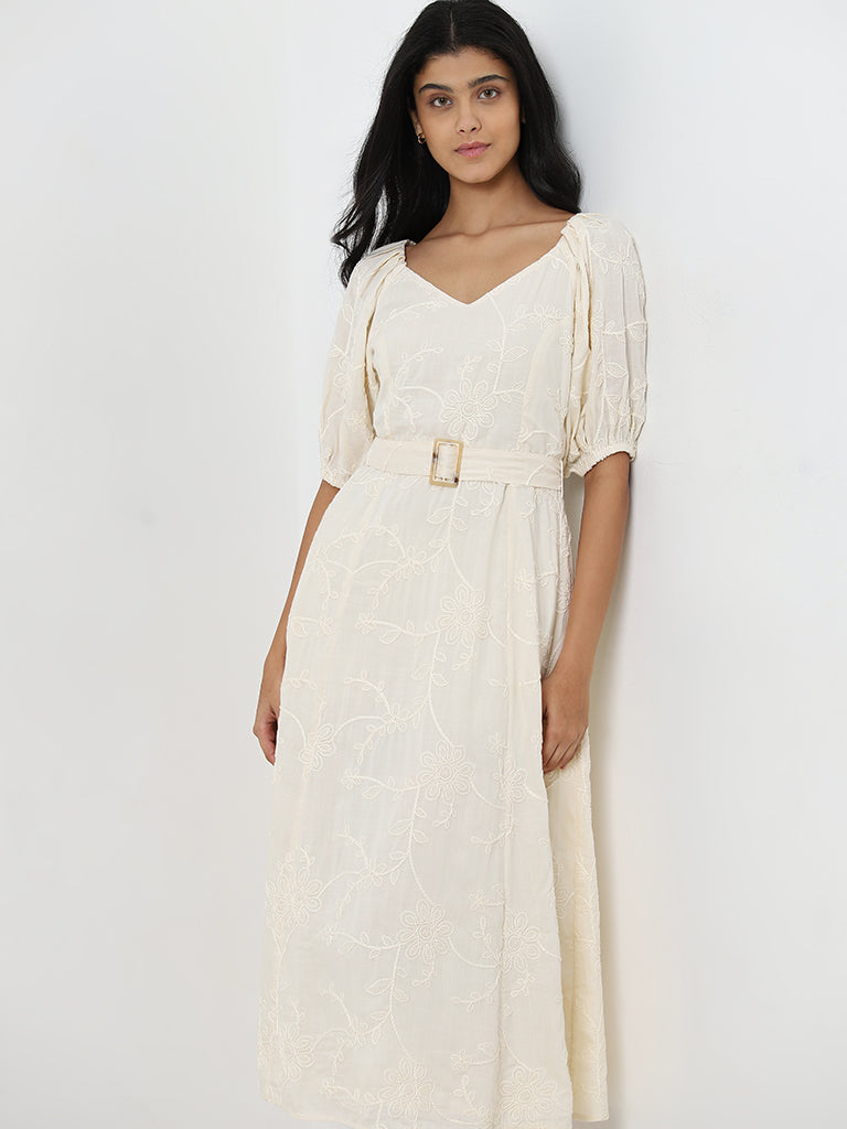 LOV Ivory Floral Embroidered A-Line Cotton Dress with Belt