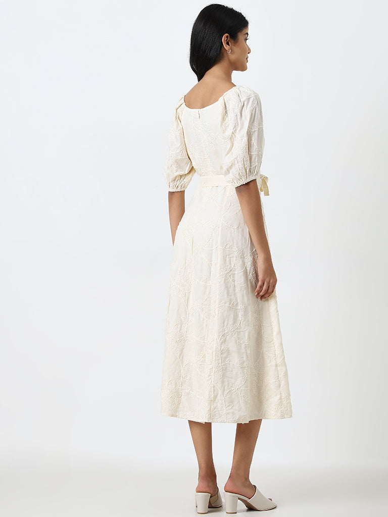 LOV Ivory Floral Embroidered A-Line Cotton Dress with Belt