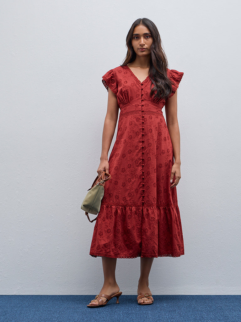 LOV Rust Schiffli Design A-Line Cotton Dress