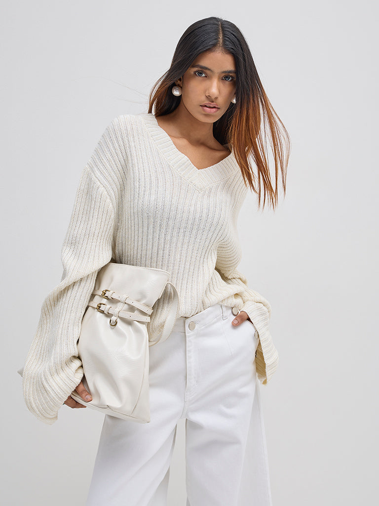 LOV White Ribbed Textured Sweater