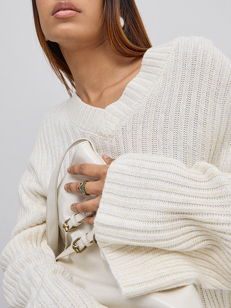 LOV White Ribbed Textured Sweater