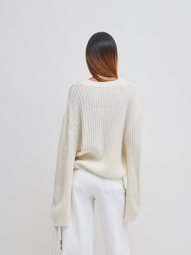 LOV White Ribbed Textured Sweater