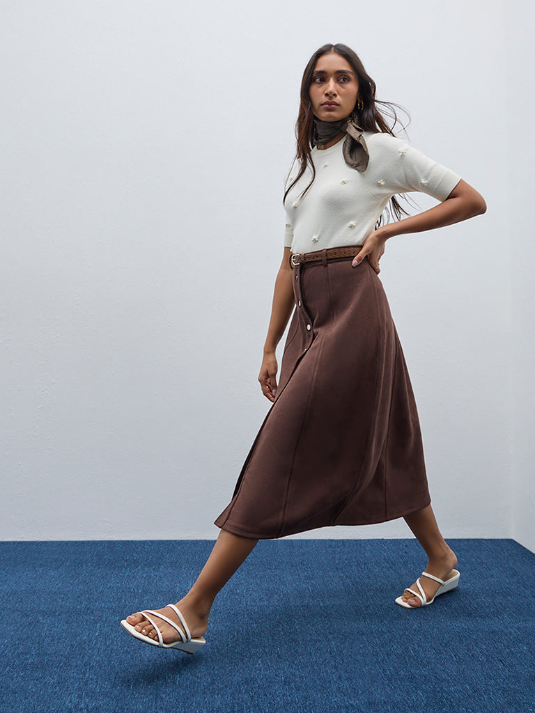 LOV Brown Faux-Suede A-Line Skirt