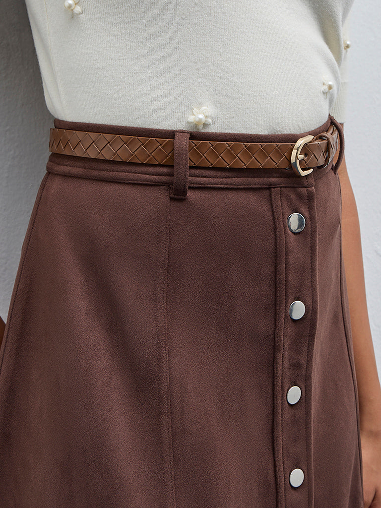 LOV Brown Faux-Suede A-Line Skirt