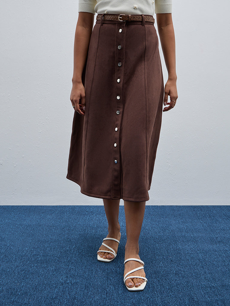 Buy LOV Brown Faux Suede A Line Skirt from Westside