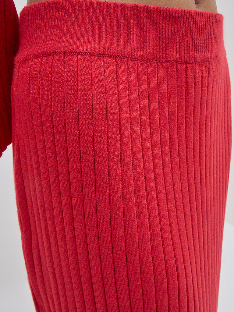 LOV Red Ribbed Textured High-Rise Skirt