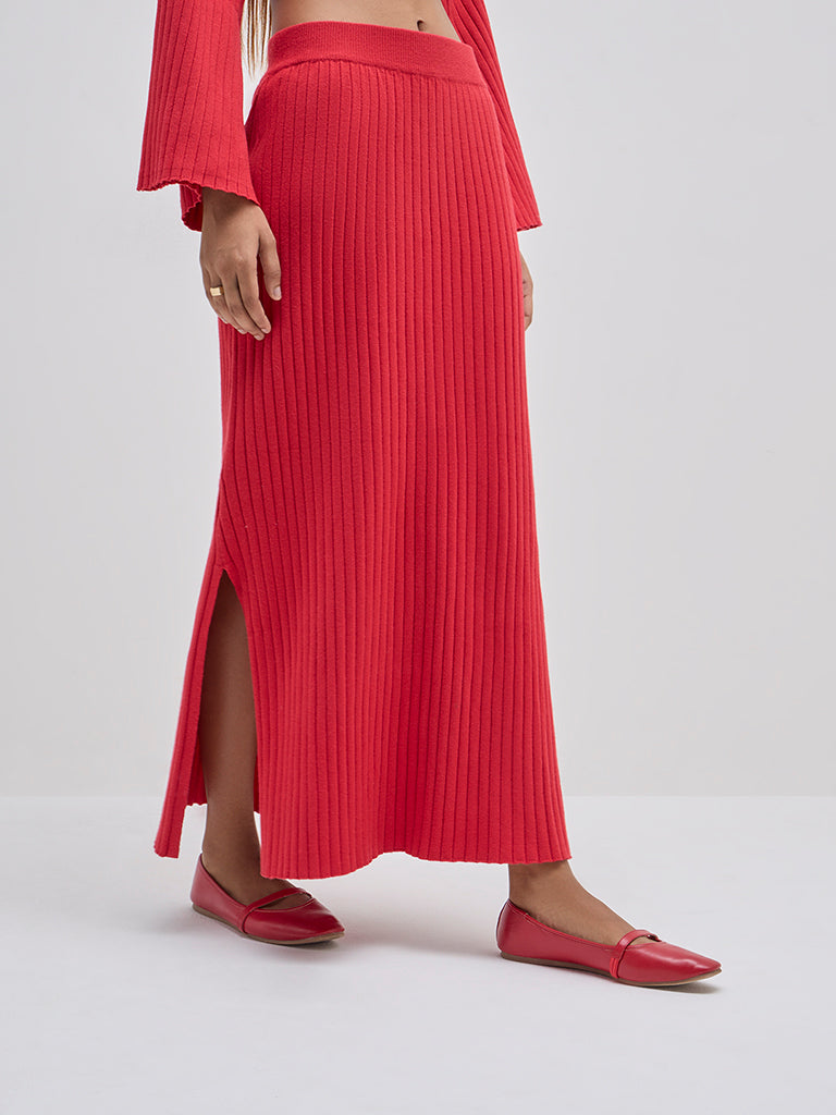 LOV Red Ribbed Textured High-Rise Skirt