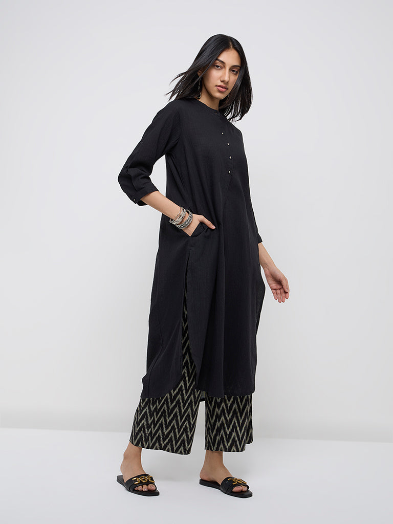 Utsa Black Self-Striped A-Line Cotton Kurta