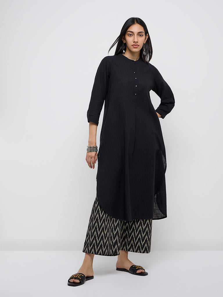 Utsa Black Self-Striped A-Line Cotton Kurta