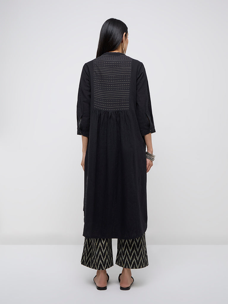 Utsa Black Self-Striped A-Line Cotton Kurta