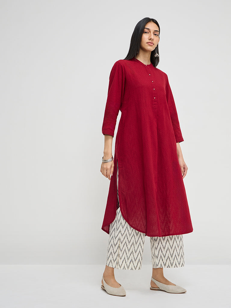 Utsa Maroon Self-Striped A-Line Cotton Kurta