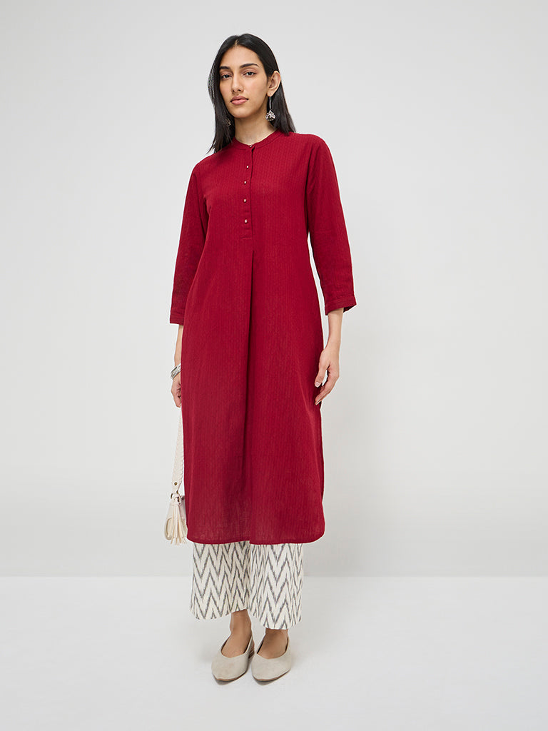 Utsa Maroon Self-Striped A-Line Cotton Kurta