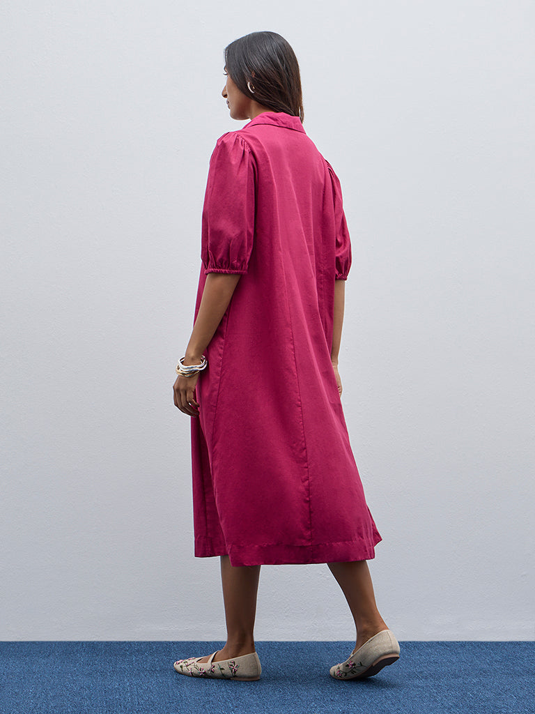 Utsa Pink Embroidered A-Line Cotton Blend Dress