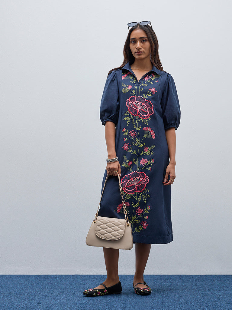 Utsa Navy Embroidered A-Line Cotton Blend Dress