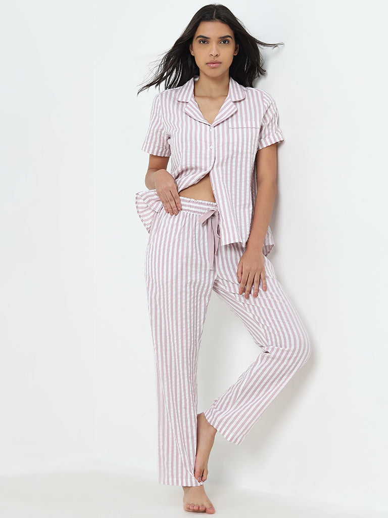 Wunderlove Pink Striped Cotton Shirt and Pyjamas Set