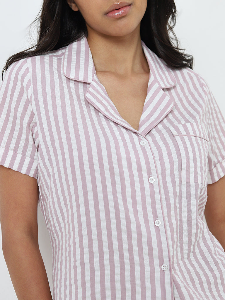 Wunderlove Pink Striped Cotton Shirt and Pyjamas Set