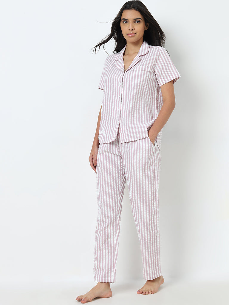 Wunderlove Pink Striped Cotton Shirt and Pyjamas Set