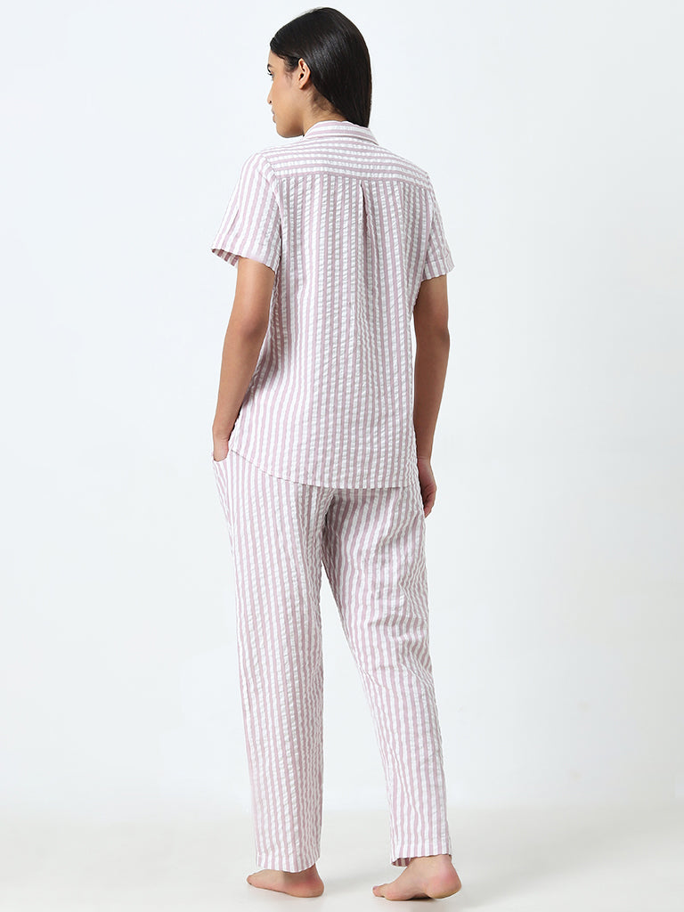 Wunderlove Pink Striped Cotton Shirt and Pyjamas Set