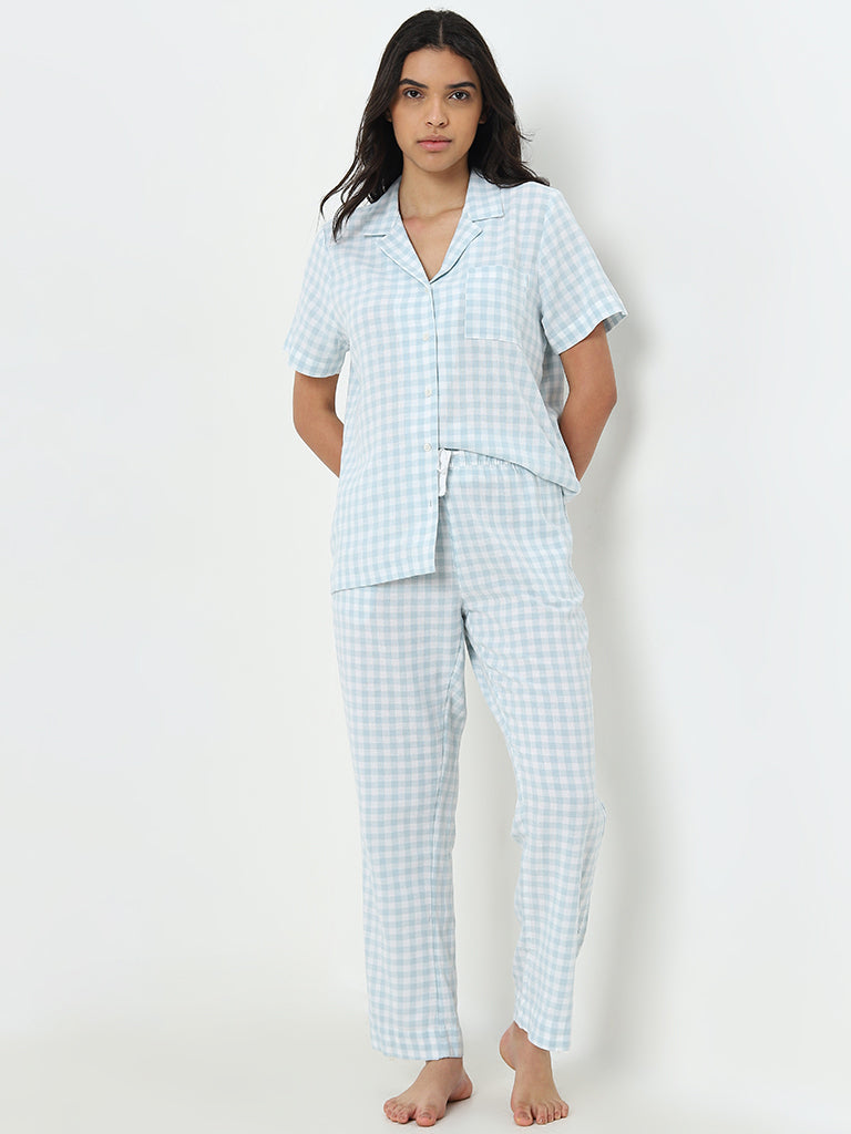 Wunderlove Sage Gingham Cotton Shirt and Pyjamas Set