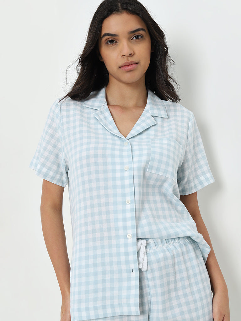 Wunderlove Sage Gingham Cotton Shirt and Pyjamas Set