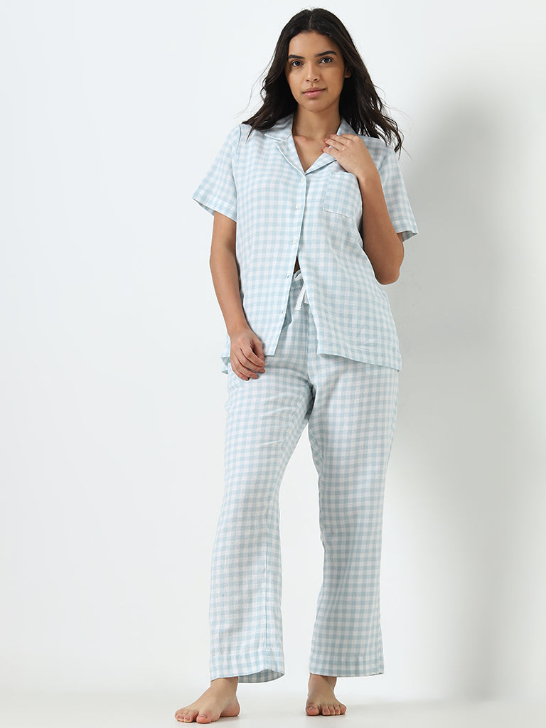 Wunderlove Sage Gingham Cotton Shirt and Pyjamas Set