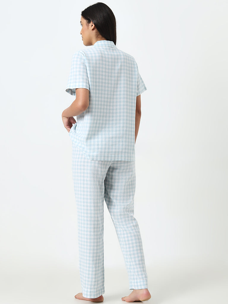 Wunderlove Sage Gingham Cotton Shirt and Pyjamas Set