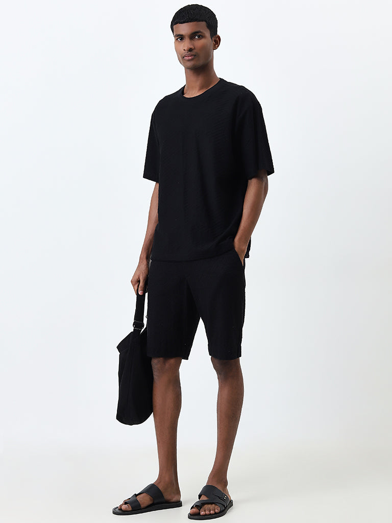 ETA Black Self Relaxed-Fit Mid-Rise Cotton Shorts