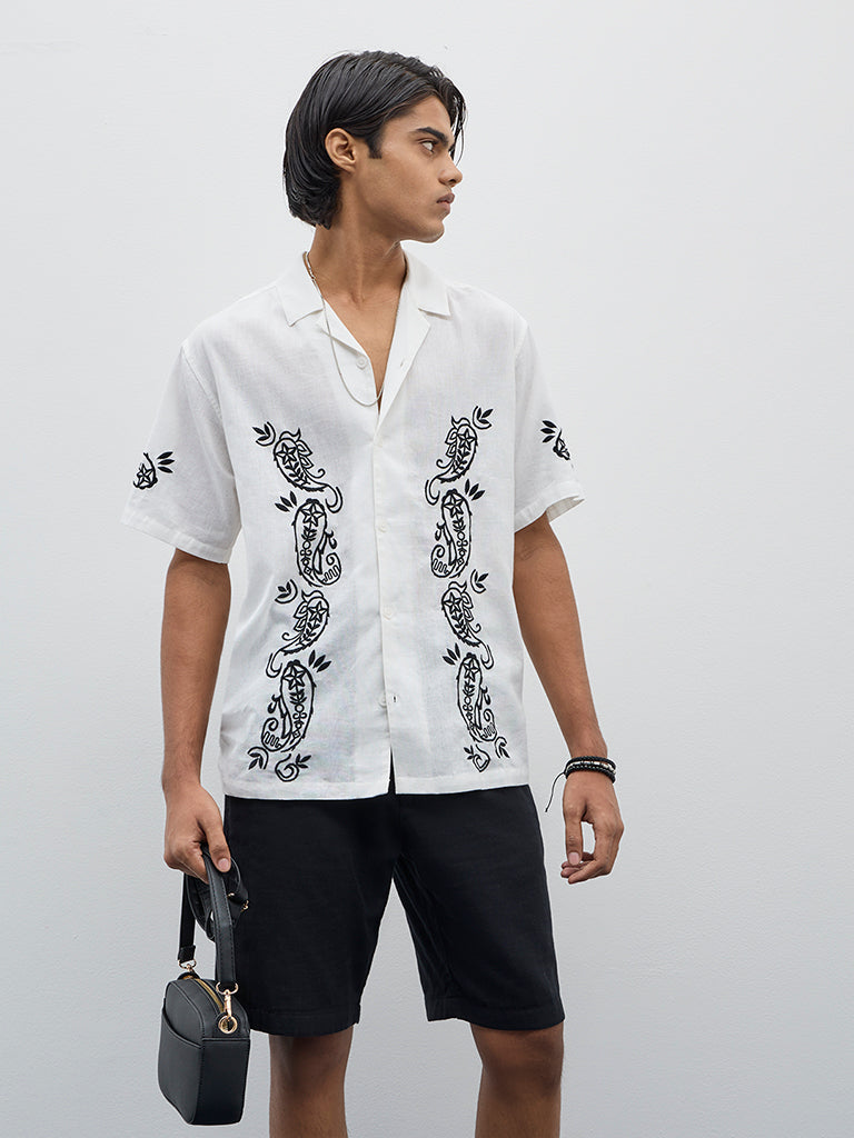 ETA White Embroidered Relaxed-Fit Cotton Blend Shirt