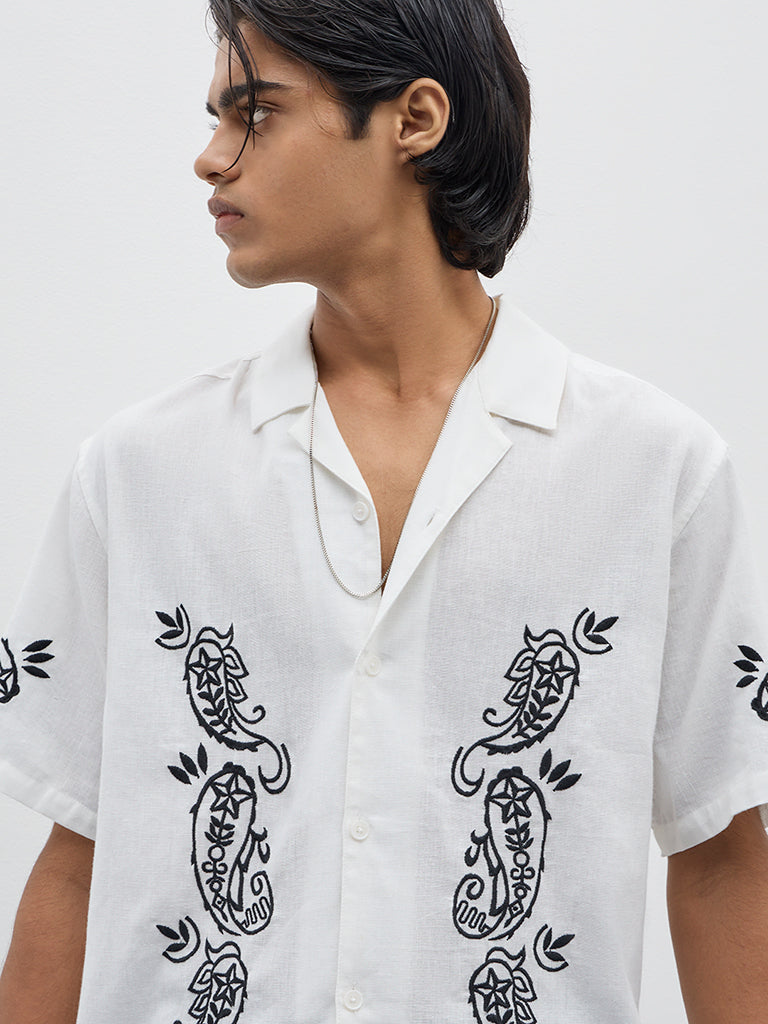 ETA White Embroidered Relaxed-Fit Cotton Blend Shirt