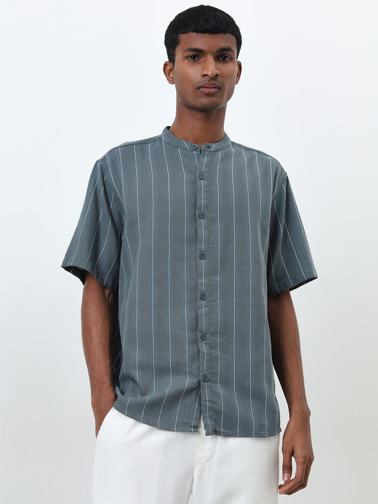 ETA Teal Striped Relaxed-Fit Cotton Shirt