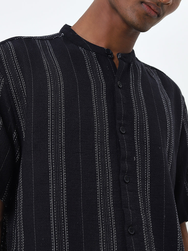 ETA Black Stripe Pattern Relaxed-Fit Cotton Shirt