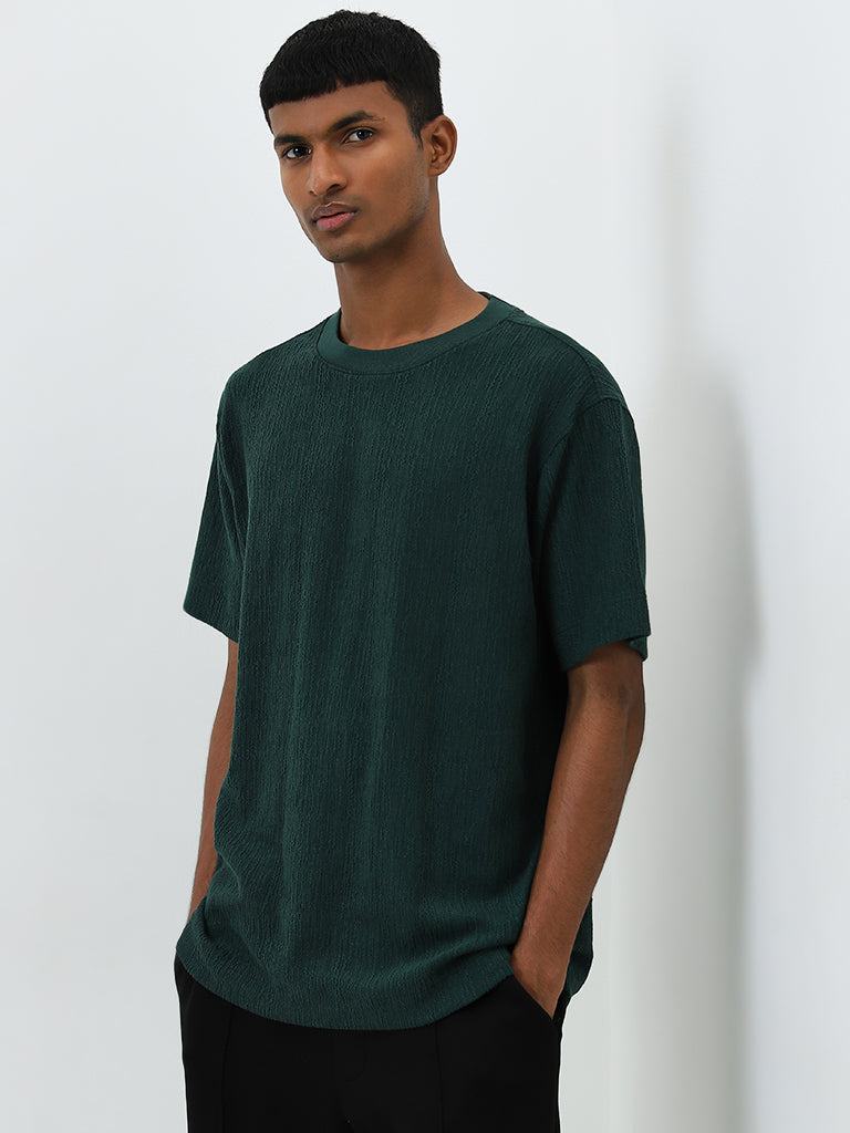 Studiofit Dark Green Textured Relaxed-Fit T-Shirt