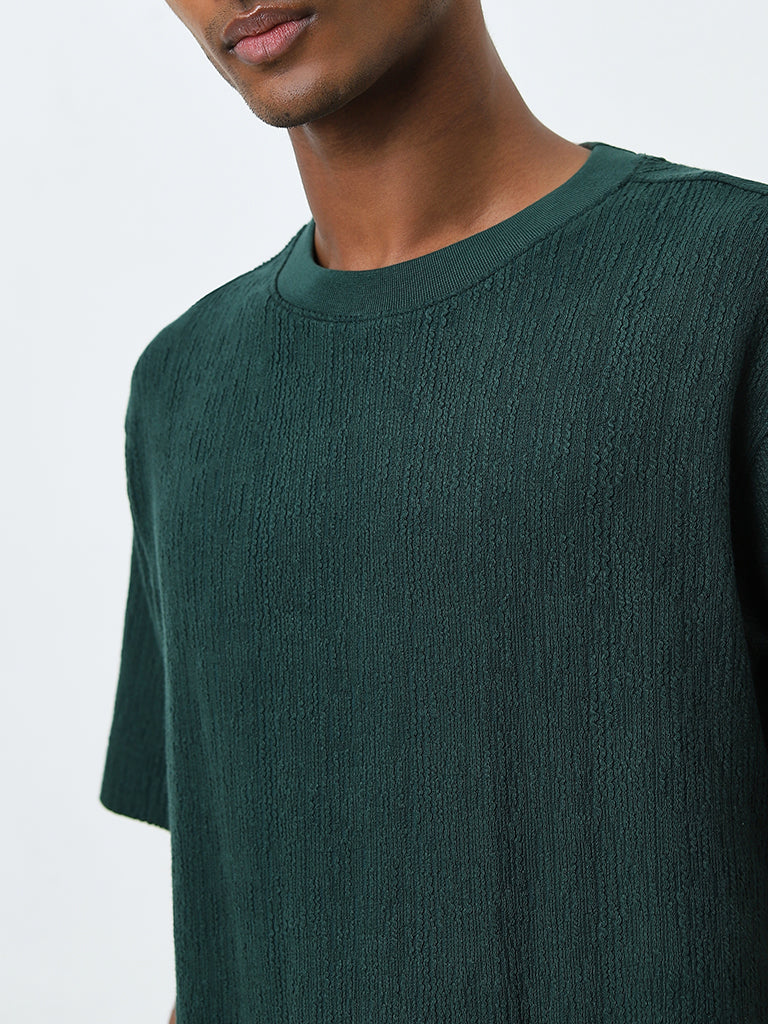 Studiofit Dark Green Textured Relaxed-Fit T-Shirt