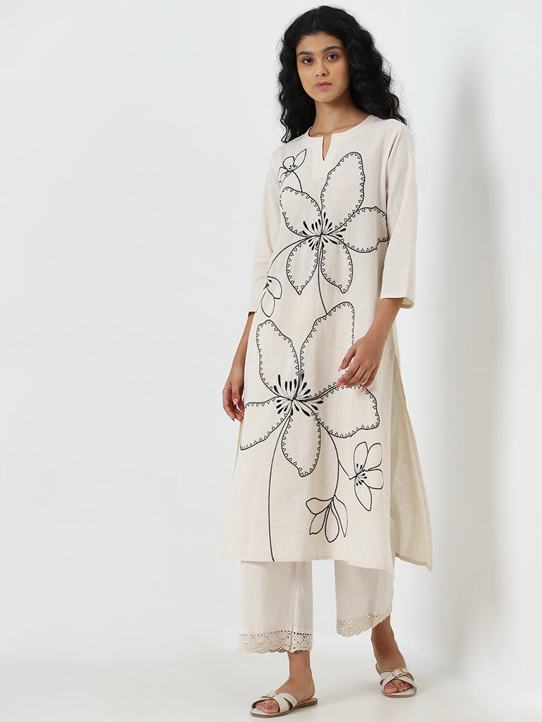 Utsa Beige Floral Embroidered A-Line Kurta