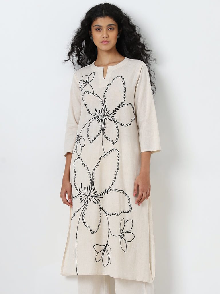 Utsa Beige Floral Embroidered A-Line Kurta