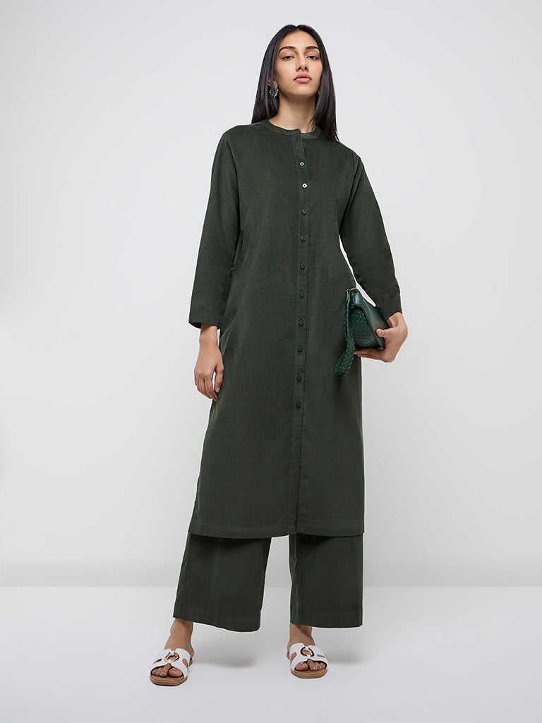 Utsa Olive Corduroy Straight Cotton Kurta