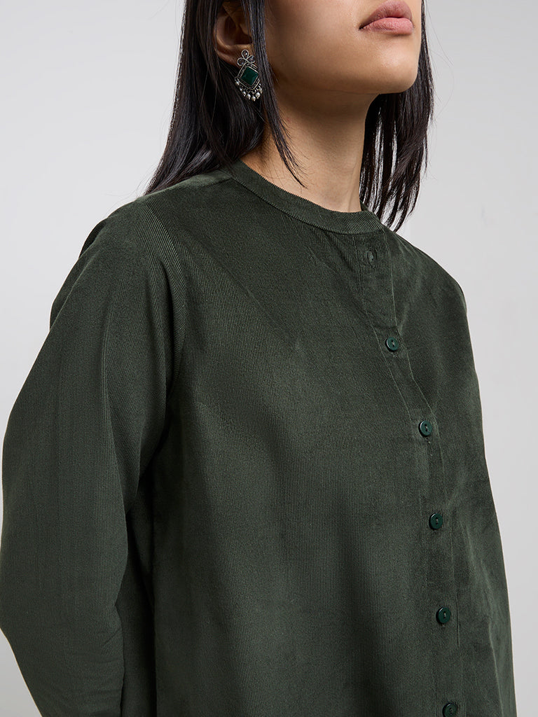 Utsa Olive Corduroy Straight Cotton Kurta