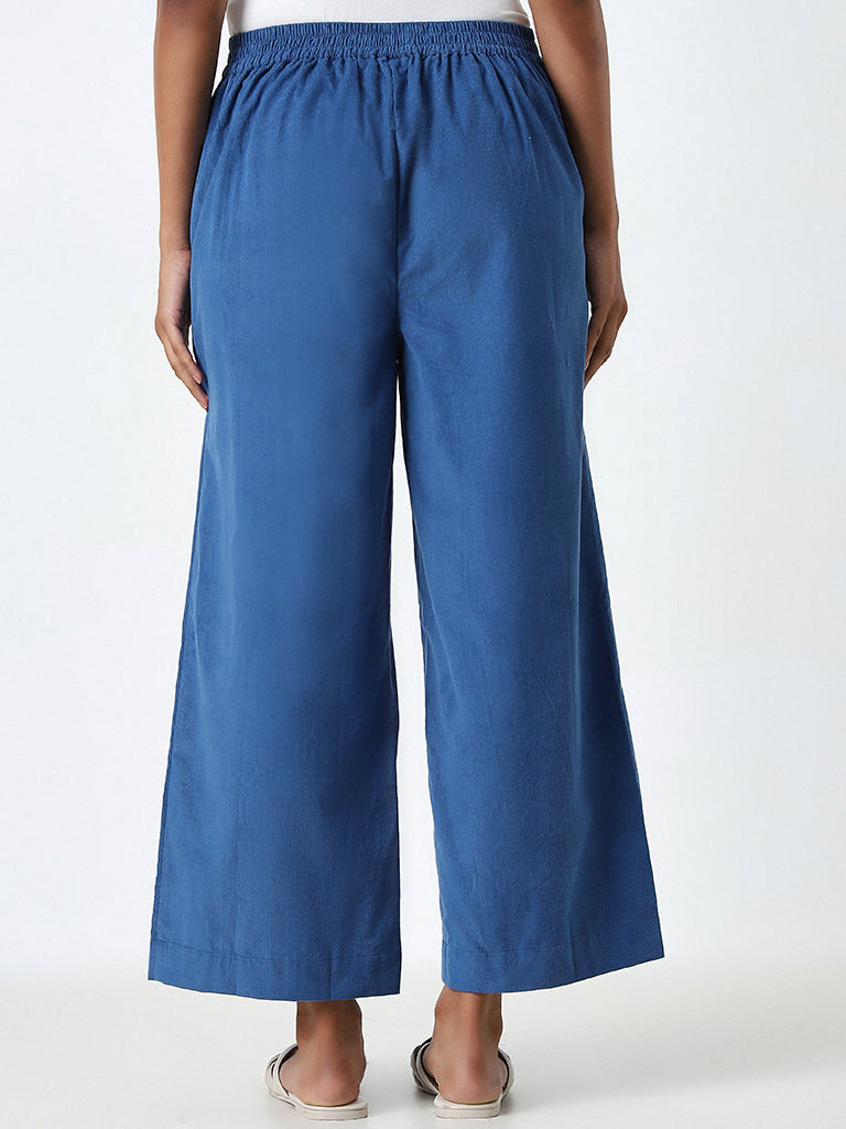 Utsa Blue Solid High-Rise Cotton Ethnic Pants