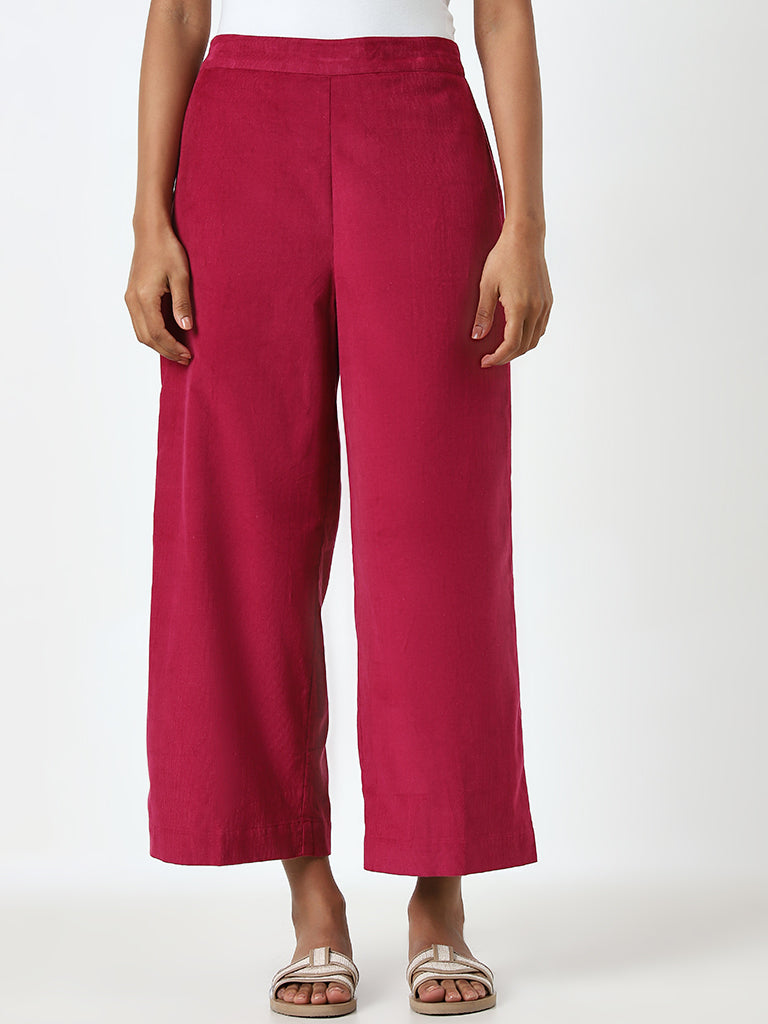 Utsa Dark Pink Solid High-Rise Cotton Ethnic Pants