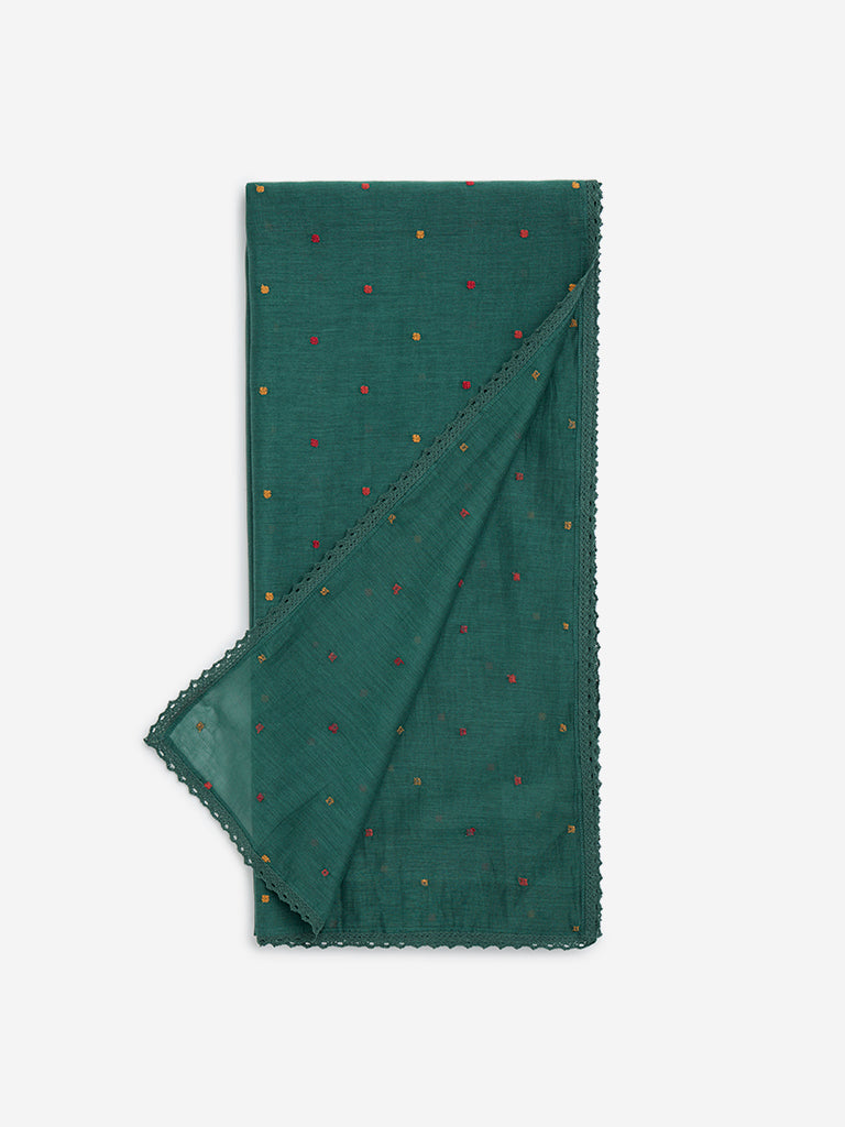 Zuba Green Embroidered Cotton-Blend Dupatta