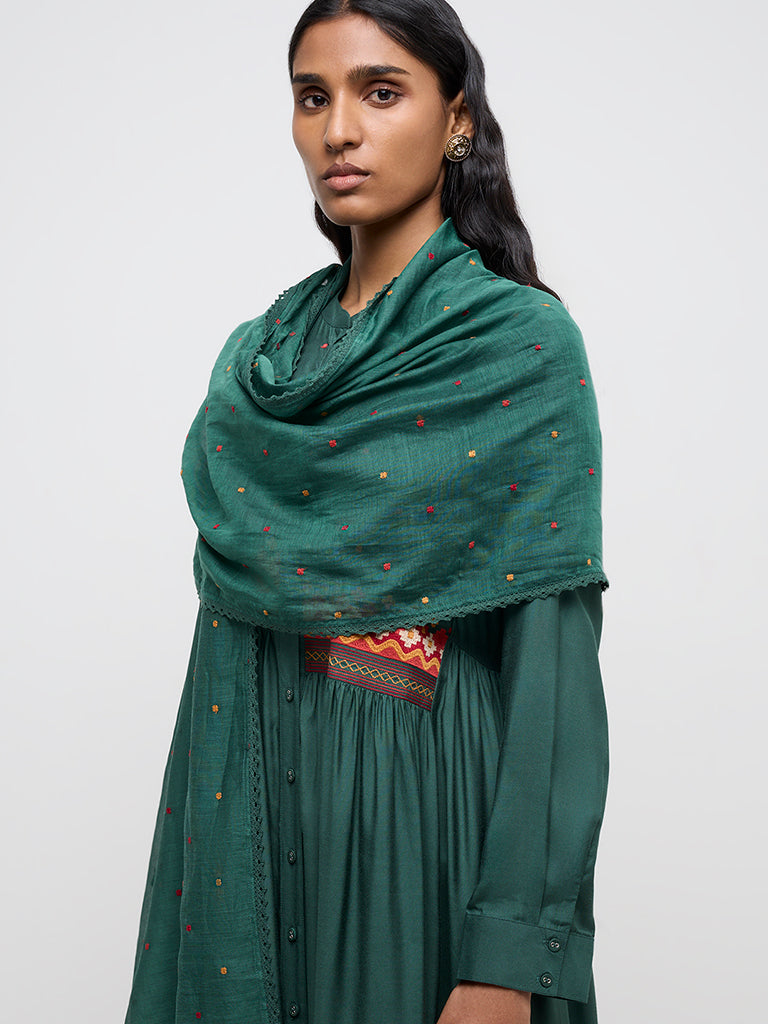 Zuba Green Embroidered Cotton-Blend Dupatta