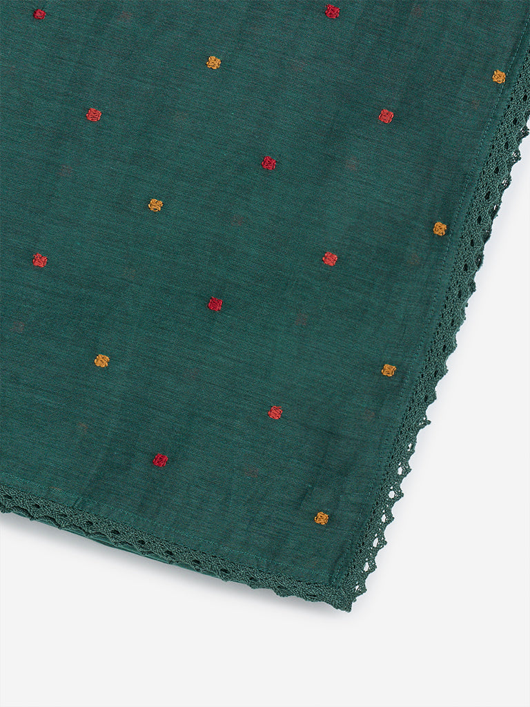 Zuba Green Embroidered Cotton-Blend Dupatta