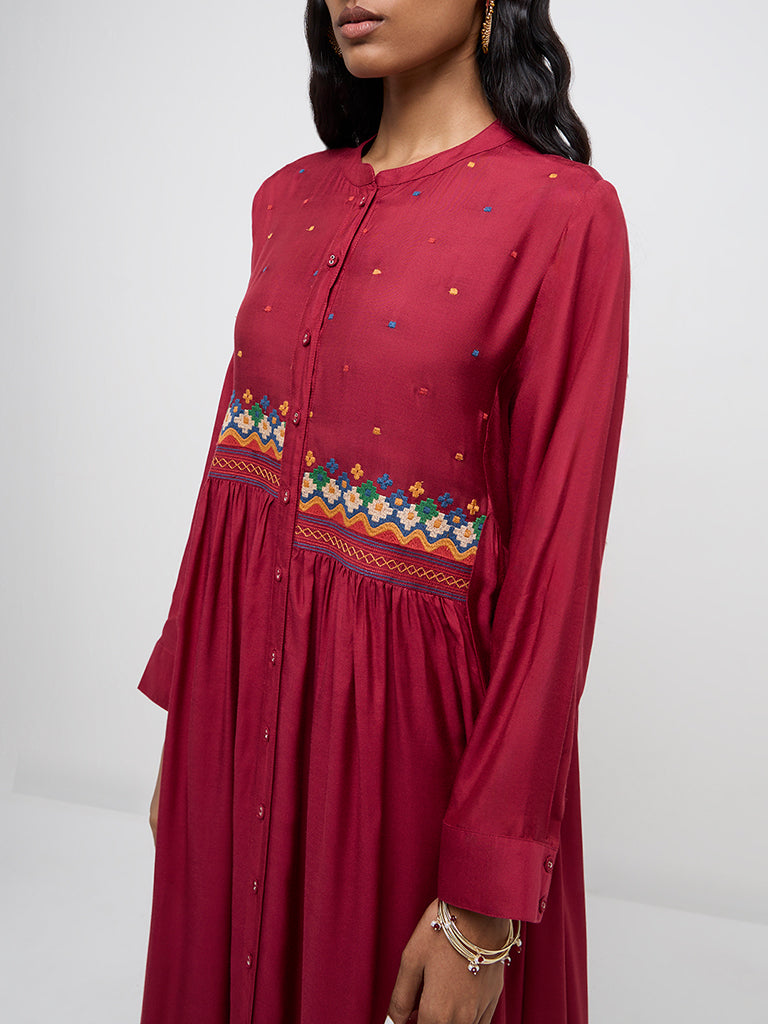 Zuba Red Floral Embroidered Fit-and-Flare Cotton Kurta