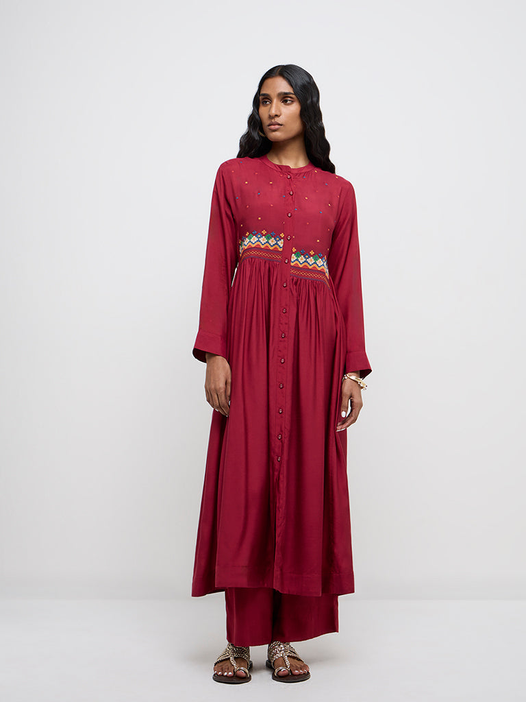 Zuba Red Floral Embroidered Fit-and-Flare Cotton Kurta