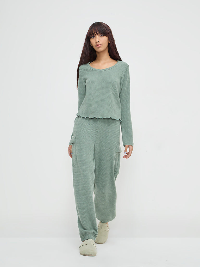 Superstar Green Waffle-Textured High-Rise Pants