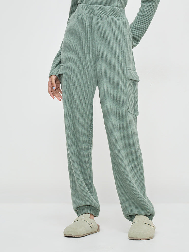 Superstar Green Waffle-Textured High-Rise Pants